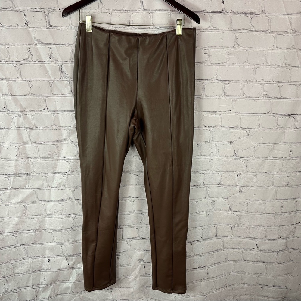 Haute Monde Chocolate Brown faux leather pleather pull on slim Pants sz XL